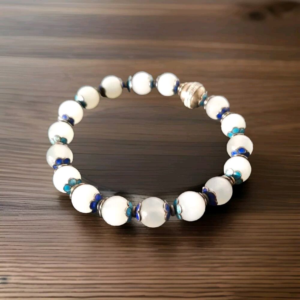 VTG and OOAK Sea Opal Cloisonné 7" Memory Wire Sterling Bracelet Screw clasp OLD